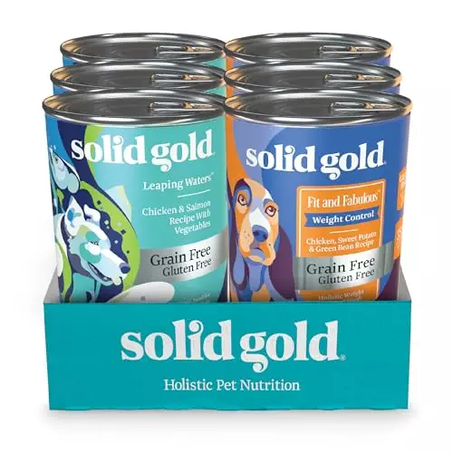 Solid Gold Wet Dog Food Variety Pack for Picky Eaters – Fit & Fabulous Chicken + Leaping Waters Chicken & Salmon Grain Free Canned Dog Food – Made with Real Protein for Sensitive Stomachs – 6 Pack