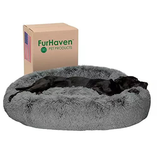 Furhaven 45″ Round Calming Donut Dog Bed for Large Dogs, Refillable w/ Removable Washable Cover, For Dogs Up to 90 lbs – Shaggy Plush Long Faux Fur Donut Bed – Gray, Jumbo/XL