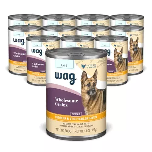 Wag Wholesome Grains Senior Pate Canned Dog Food, Chicken & Vegetables Recipe, 13oz (Pack of 12)