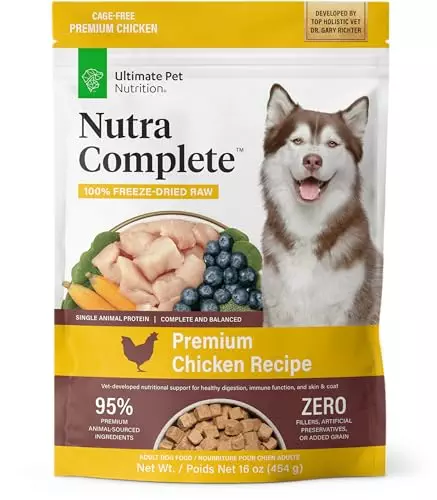 ULTIMATE PET NUTRITION Nutra Complete, 100% Freeze Dried Veterinarian Formulated Raw Dog Food with Antioxidants Prebiotics and Amino Acids, (1 Pound, Chicken)