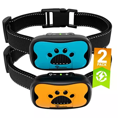 PawPets Rechargeable Anti Bark Collar – No Shock Training Dog Collar – Humane with Vibration and Sound Barking Collar for Small Medium Large Dogs – 2 Pack Blue Orange (Rechargeable)