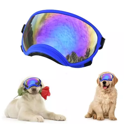 Soft Samll Dog Sunglasses Dog Goggles for Large Breed UV/Wind/Dust Protection Winproof Dog Puppy Sunglasses Pet Glasses Eye Wear with Adjustable Strap (Bule Frame & Bule Lens/Small)