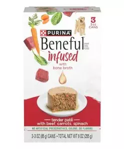 Beneful Purina Infused Wet Dog Food Pate, with Real Beef, Carrots and Spinach, with Bone Broth for Dogs – (8 Packs of 3) 3 oz. Sleeves