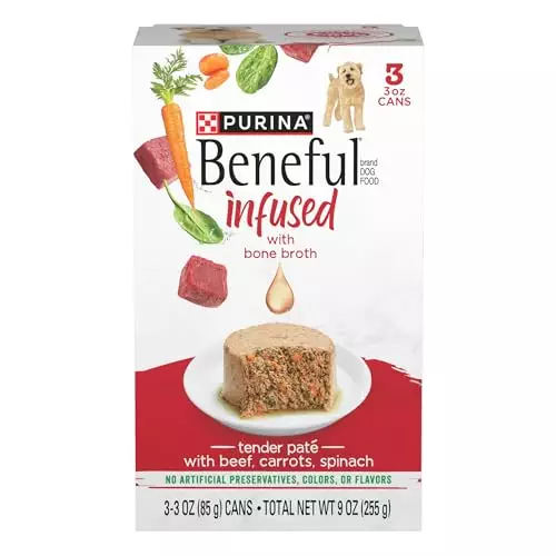 Beneful Purina Infused Wet Dog Food Pate, with Real Beef, Carrots and Spinach, with Bone Broth for Dogs – (8 Packs of 3) 3 oz. Sleeves