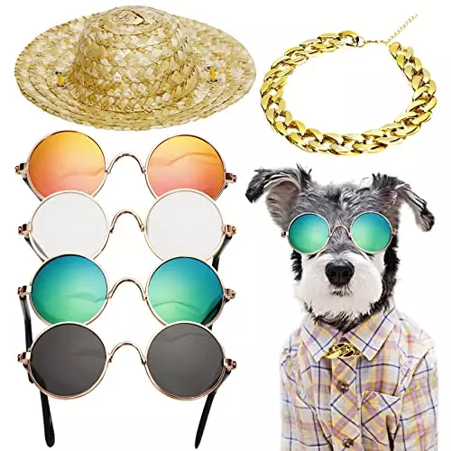 6PCS Pet Dog Cat Costume, Retro Pet Sunglasses, Adjustable Gold Chain Collar & Straw Hat, Funny Pet Accessories for Cat Puppy Small Medium Dog Birthday Cosplay Party