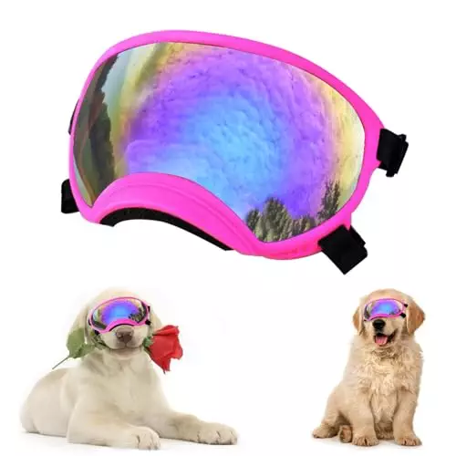 Soft Samll Dog Sunglasses Dog Goggles for Large Breed UV/Wind/Dust Protection Winproof Dog Puppy Sunglasses Pet Glasses Eye Wear with Adjustable Strap (Pink Frame & Bule Lens/Large)