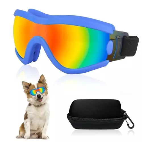 Mitubati Dog Goggles Small Breed Dog Sunglasses with Adjustable for UV Protection Eyewear Doggy Doggie Puppy Glasses Anti-Fog Wind Dust Snowproof (Blue Frame Red Lens)