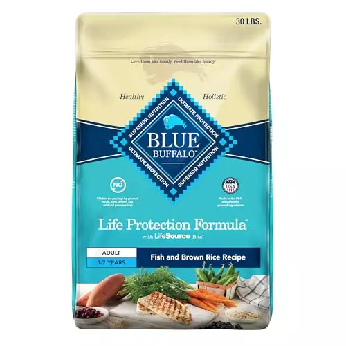 Blue Buffalo Life Protection Formula Adult Dry Dog Food, Helps Build and Maintain Strong Muscles, Made with Natural Ingredients, Fish & Brown Rice Recipe, 30-lb. Bag