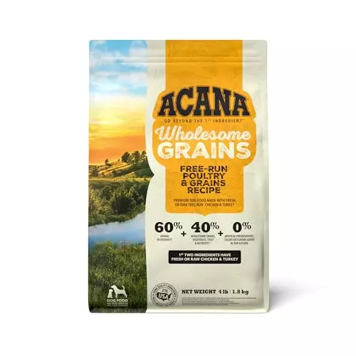 ACANA Wholesome Grains Dry Dog Food, Free-Run Poultry, Real Chicken & Turkey and Eggs Dog Food Recipe, 4lb