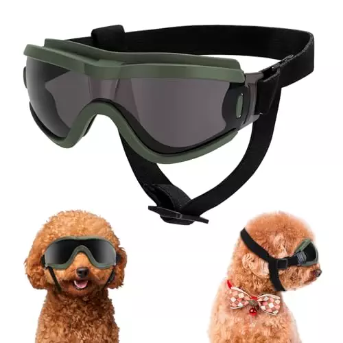 Small Dog Sunglasses, Dog Goggles with Adjustable Strap, UV Protection Dog Goggles Sunglasses Eye Protection Anti-Fog Snowproof Cool Glasses for Puppy Doggy Doggie, Green