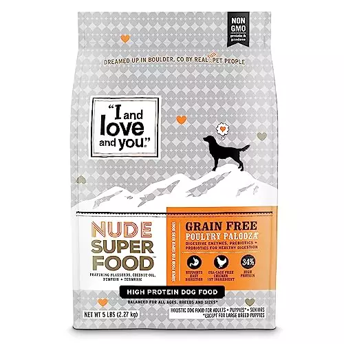 I and love and you Nude Super Food Dry Dog Food – Turkey + Chicken – Prebiotic + Probiotic, Grain Free, Real Meat, No Fillers, 23lb Bag