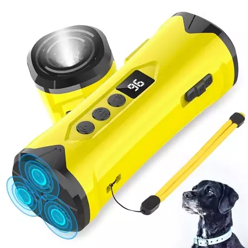 Dog Bark Deterrent Devices, Professional Anti Barking Training & Behavior Aid Ultrasonic Tool – w/ 3X Sonic Emitters 50ft Range, Ultra-Bright LED Flashlight | Alternative to Painful Dog Shock Collar