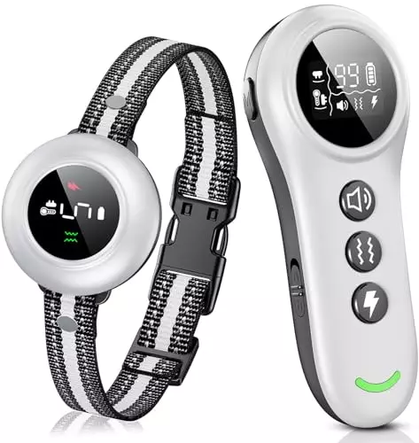 2-in-1 Dog Shock Collar & Dog Bark Collar – Smart Anti Barking Dog Training Collar with 5 Adjustable Sensitivity & 3300FT Remote for All Breeds IP67 Waterproof Rechargeable E-Collar (White)