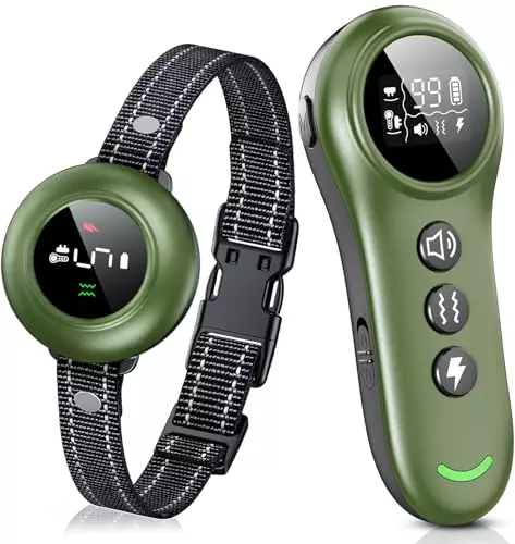 2-in-1 Dog Shock Collar & Dog Bark Collar – Smart Anti Barking Dog Training Collar with 5 Adjustable Sensitivity & 3300FT Remote for All Breeds IP67 Waterproof Rechargeable E-Collar (Green)