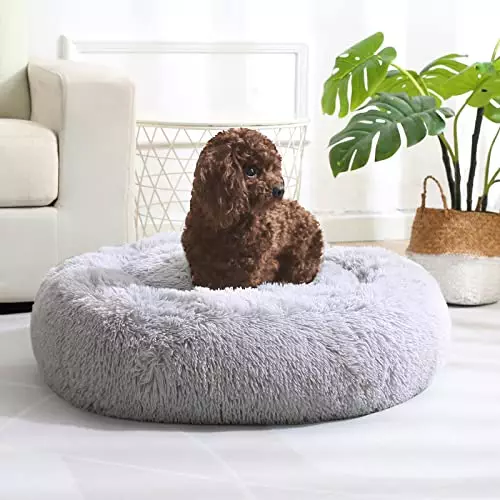 JOLLYVOGUE Calming Donut Dog Bed, Anti-Anxiety Washable Round Bed, Fluffy Dog Cuddler Bed, Cozy Soft Dog Cat Cushion Bed for Small & Medium Dog (24″)