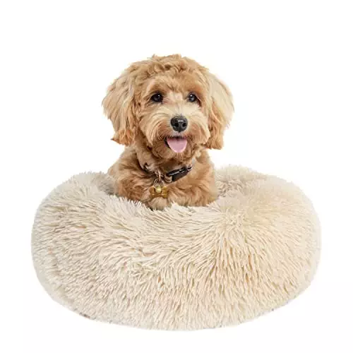 Small Dog Bed Calming Dogs Bed for Small Medium Large Dogs Anti-Anxiety Puppy Bed Machine Washable Warming Cozy Soft Pet Round Bed Fits up to 10-100 lbs (Small (Pack of 1), Beige)