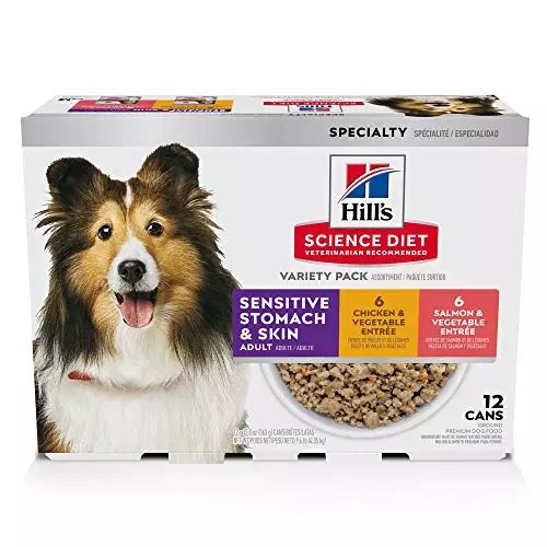 Hill’s Science Diet Sensitive Stomach & Skin,Adult 1-6, Stomach & Skin Sensitivity Support,Wet Dog Food,Variety Pack:Chicken & Vegetables; Salmon & Vegetables Loaf,12.8 oz Can Variety Pack, Case of 12