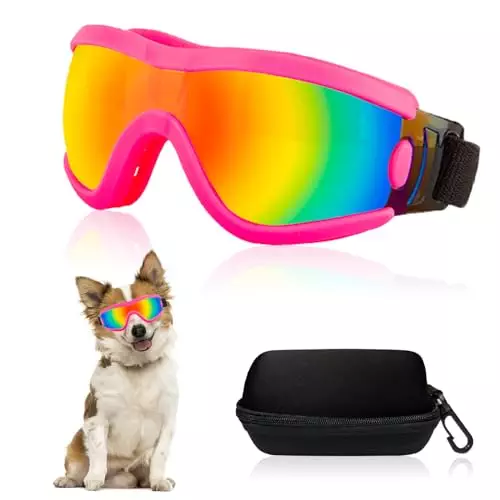 Mitubati Dog Goggles Small Breed Dog Sunglasses with Adjustable for UV Protection Eyewear Doggy Doggie Puppy Glasses Anti-Fog Wind Dust Snowproof (Pink Frame Red Lens)