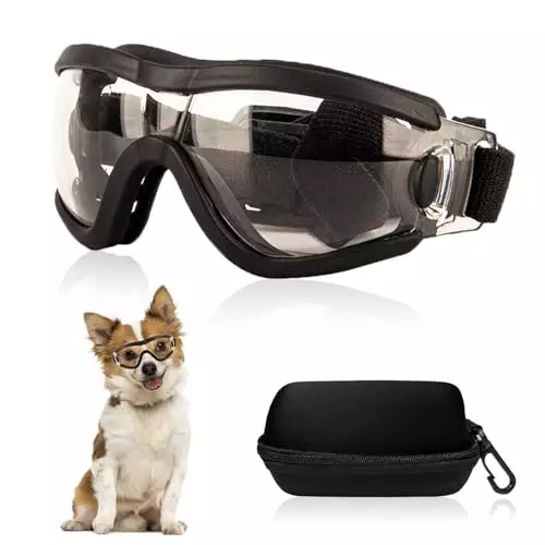 Mitubati Dog Goggles Small Breed Dog Sunglasses with Adjustable for UV Protection Eyewear Doggy Doggie Puppy Glasses Anti-Fog Wind Dust Snowproof (Black Frame Transparent Lens)