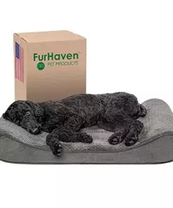 Furhaven Orthopedic Dog Bed for Large/Medium Dogs w/ Removable Washable Cover, For Dogs Up to 38 lbs – Minky Plush & Velvet Luxe Lounger Contour Mattress – Gray, Large