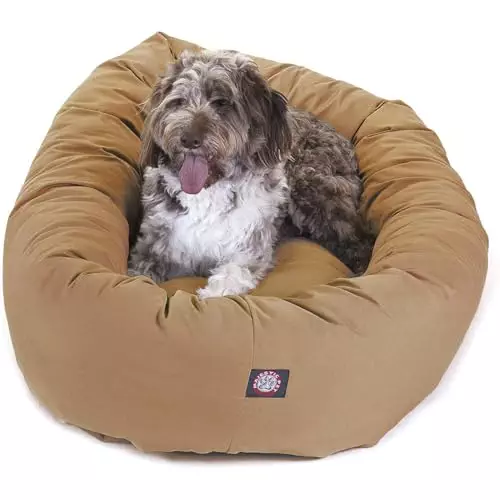 Majestic Pet 52 Inch Bagel Calming Dog Bed Washable – Cozy Soft Round Dog Bed with Spine Support for Dogs to Rest their Head – Fluffy Donut Dog Bed 52x35x11 (Inch) – Round Pet Bed X-Large – Khaki