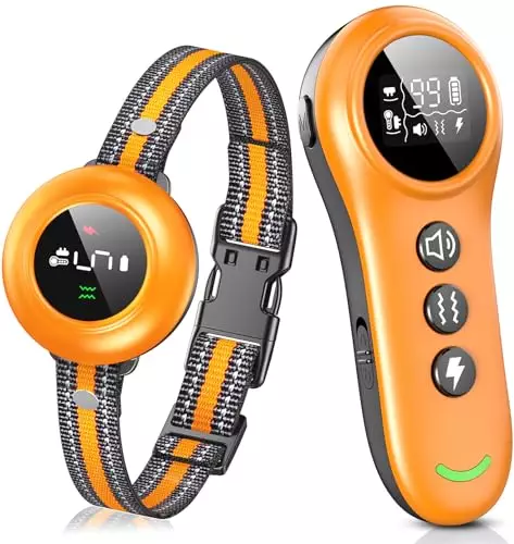 2-in-1 Dog Shock Collar & Dog Bark Collar – Smart Anti Barking Dog Training Collar with 5 Adjustable Sensitivity & 3300FT Remote for All Breeds IP67 Waterproof Rechargeable E-Collar (Orange)