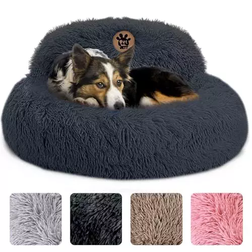 PetJett Calming Dog Bed for Medium Dogs – 30” Donut Dog Beds for Small, Medium, Large Dogs, Anti-Slip & Washable Round Dog Bed – Fluffy Pet Bed, Anti-Anxiety Puppy Bed, Fits Up to 45 lbs, Dark Grey