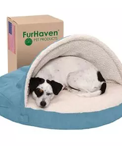 Furhaven 26″ Round Orthopedic Dog Bed for Medium/Small Dogs w/ Removable Washable Cover, For Dogs Up to 30 lbs – Sherpa & Suede Snuggery – Blue, 26-inch