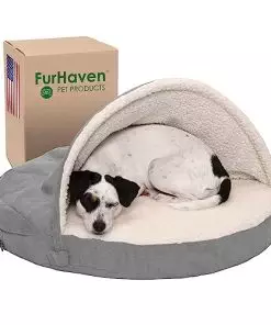 Furhaven 26″ Round Orthopedic Dog Bed for Medium/Small Dogs w/ Removable Washable Cover, For Dogs Up to 30 lbs – Sherpa & Suede Snuggery – Gray, 26-inch