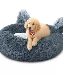 Calming Donut Dog Bed for Small Dogs and Cats, Comfort Round Dog Bed, Anti Anxiety Washable Dog Bed, Fluffy Plush Faux Fur Pet Bed, 20″ Grey