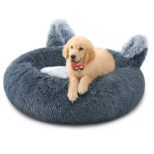 Calming Donut Dog Bed for Small Dogs and Cats, Comfort Round Dog Bed, Anti Anxiety Washable Dog Bed, Fluffy Plush Faux Fur Pet Bed, 20″ Grey