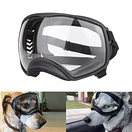 PETLESO Dog Goggles for Large Breed, Clear Dog Sunglasses Medium Large Breed Wide View Dog Eye Protection with Adjustable Straps for Driving Riding Hiking, Clear Lens