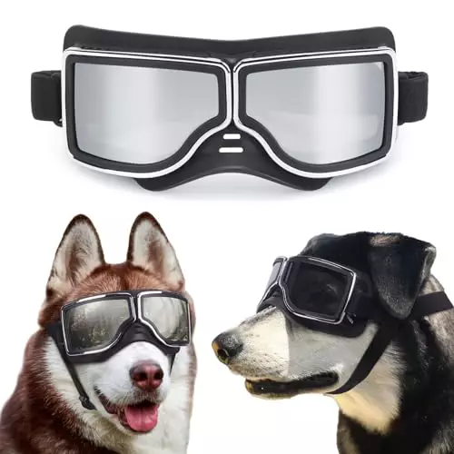 OWNPETS Large Dog Sunglasses Goggles UV Protection Windproof Dustproof Snowproof Outdoor Riding Motorcycle Driving Dog Goggles Soft Frame Adjustable Strap Black