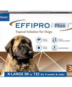 Effipro Plus Topical Solution for Dogs – Dog Flea and Tick Treatment for X-Large Dogs (89-132lbs), 3 Doses, Waterproof Topical Prevention (by Virbac)