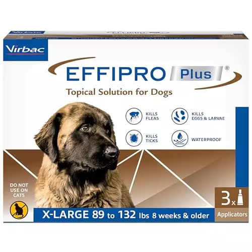 Effipro Plus Topical Solution for Dogs – Dog Flea and Tick Treatment for X-Large Dogs (89-132lbs), 3 Doses, Waterproof Topical Prevention (by Virbac)