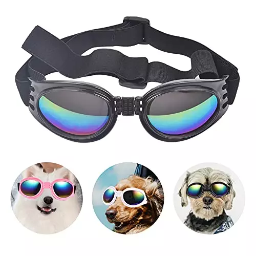 Dog Goggles Dog Sunglasses Adjustable Strap for Waterproof Windproof UV Protection Sunglasses for Dog, for Go Out Travel Skiing Swim (Black)