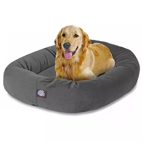 Majestic Pet 40 Inch Suede Calming Dog Bed Washable – Cozy Soft Round Dog Bed with Spine Support for Dogs to Rest their Head – Fluffy Donut Dog Bed 40x29x9 (Inch) – Round Pet Bed Large – Gray