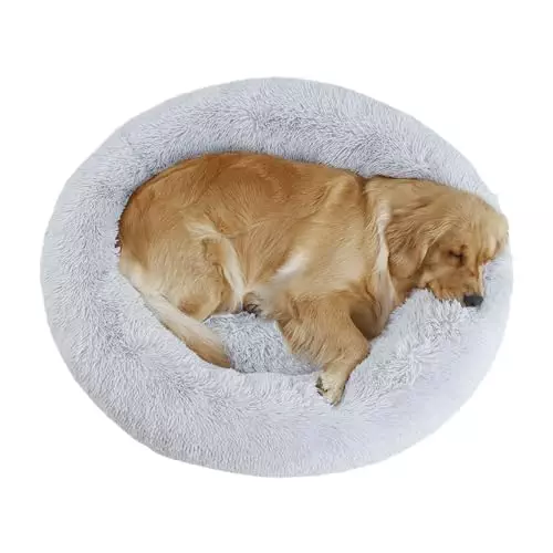 Bunlitent 39” inch Calming Dog Bed, Plush Anti-Anxiety Donut Dog Bed for Small Medium Large Dogs, Warming Cozy Soft Cute Round Washable, Marshmallow Cuddler Nest Pet Bed, Grey