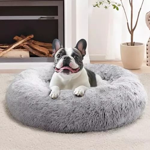 JOLLYVOGUE Donut Dog Bed, Comfort Round Dog Bed, Anti-Anxiety Calming Cuddler Dog & Cat Bed, Fluffy Faux Fur Cushion Bed for Small Medium Dogs and Cats, 20″