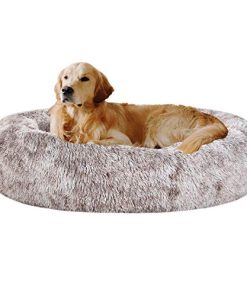 Coohom Oval Calming Donut Cuddler Dog Bed,Shag Faux Fur Cat Bed Washable Round Pillow Pet Bed(30″/36″/43″) for Small Medium Dogs (XL(36″x27″x7″),Light Brown)