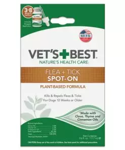 Vet’s Best Flea & Tick Spot-on Drops – Topical Flea & Tick Prevention for Dogs – Plant-Based Formula – Certified Natural Oils – For Various Dog Sizes – 3-8 Month Supply