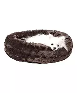 Veehoo Calming Dog Bed & Cat Bed, Anti-Anxiety Small Dog Beds for Medium Dogs, Washable Donut Round Pet Bed with Fluffy Faux Fur for Puppy and Kitten, 23×23 inch, Brown