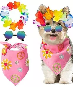 Pet Dog cat Hippie Costume Set Includes Bandana Colorful Wreath Retro Fashion Sunglasses Accessories for Pets