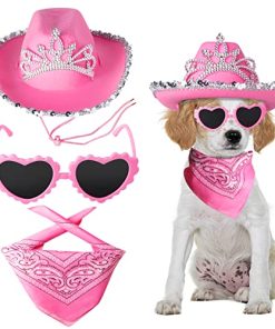Yewong Pet Pink Cowboy Hat Costume Accessory Set Dog Cat Size Pink Cowgirl Princess Hat with Crown Tiara Bandana/Scarf Sunglasses for Cat Puppy Western Costume Daily Wearing Photo Props