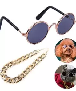 Cat and Dog Sunglasses Gold Chain Two-Piece Set, Pet Sunglasses, Retro Classic Pet Glasses, Adjustable Pet Chain, Photo Prop, for Kittens and Puppy (Black)