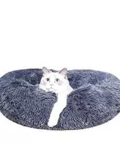 Calming Dog Bed for Small Dogs & Cat Bed – 20″ Donut Washable Small Pet Bed, Dark Grey Anti Anxiety Round Fluffy Plush Faux Fur Large Cat Bed