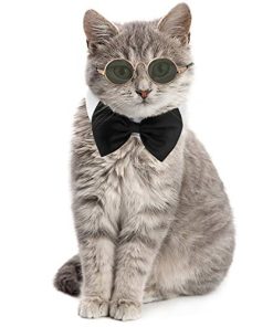 2 Pieces Pets Dog Cat Bowtie Tie Sunglasses Pet Costume Adjustable Formal Necktie Collar for Cats Small Dogs Puppy Round Metal Cat Classic Retro Sunglasses Grooming Accessories Cosplay Party