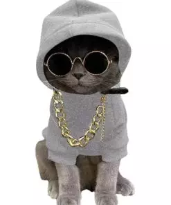 QWINEE 3Pcs Dog Hoodie Cat Apparel Dog Custume Set with Necklace and Sunglasses Pet Clothes for Puppy Small Medium Dogs Cats Grey S