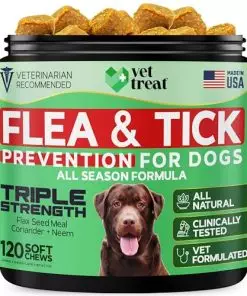Flea and Tick Prevention for Dogs Chewables – All Natural Dog Flea & Tick Control – Flea Treatment for Dogs – Natural Repellent – Triple Strength – All Season Formula – 120 Tablets