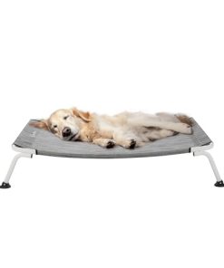 Veehoo Curved Cooling Elevated Dog Bed, White Frame Outdoor Raised Dog Cot, Chew Proof Pet Bed with Washable & Breathable Textilene Mesh, Non-Slip Feet for Indoor & Outdoor, Large, Black Silver